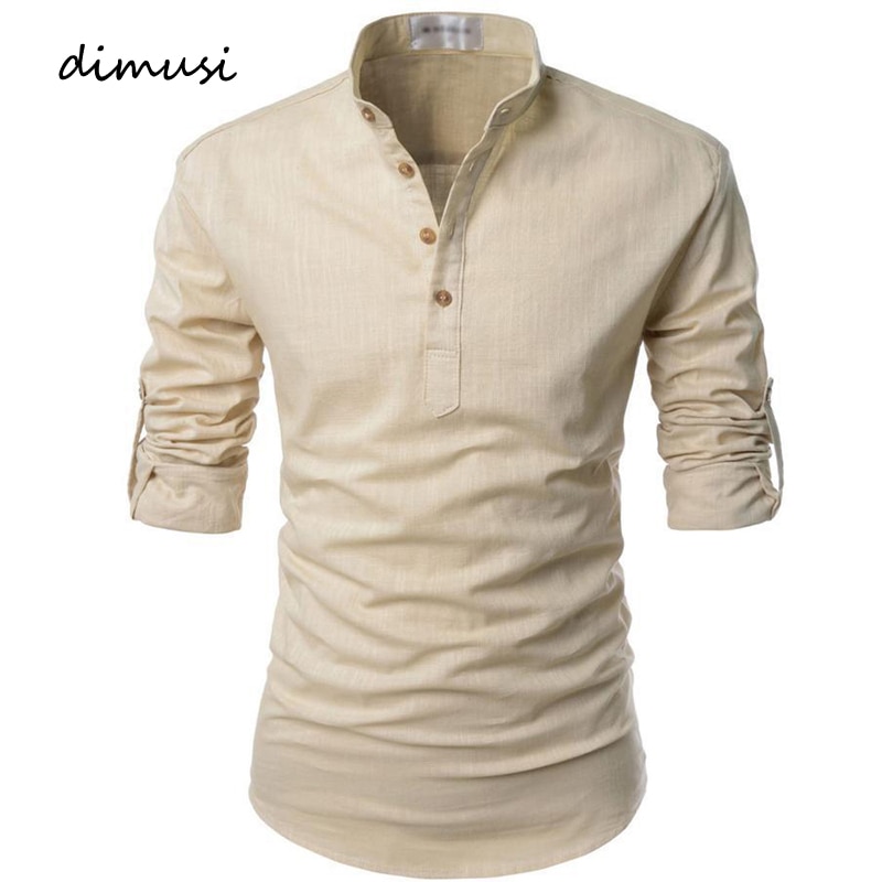 DIMUSI-남성 린넨 셔츠, 캐주얼 긴 소매 버튼, 단색, 느슨한 가을 드레스, 헨리 셔츠 패션, 남성 브랜드 의류